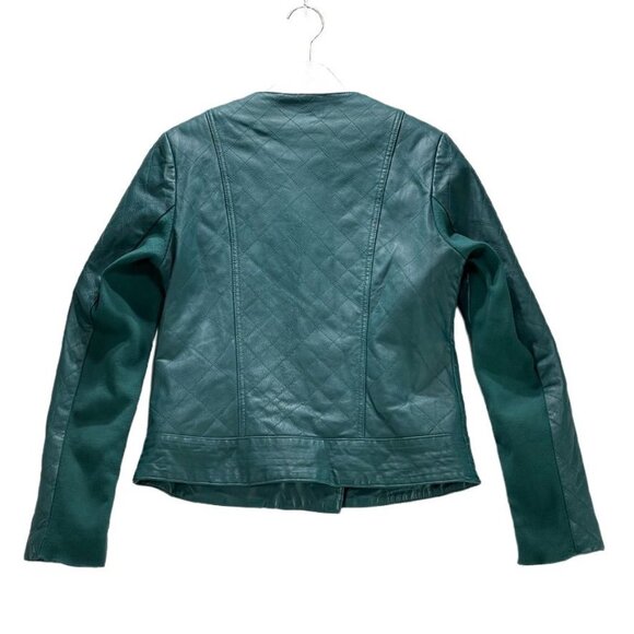 Iman Teal Leather Asymmetrical Moto Jacket XS Zipper Pockets Womens Size Small - Picture 11 of 13